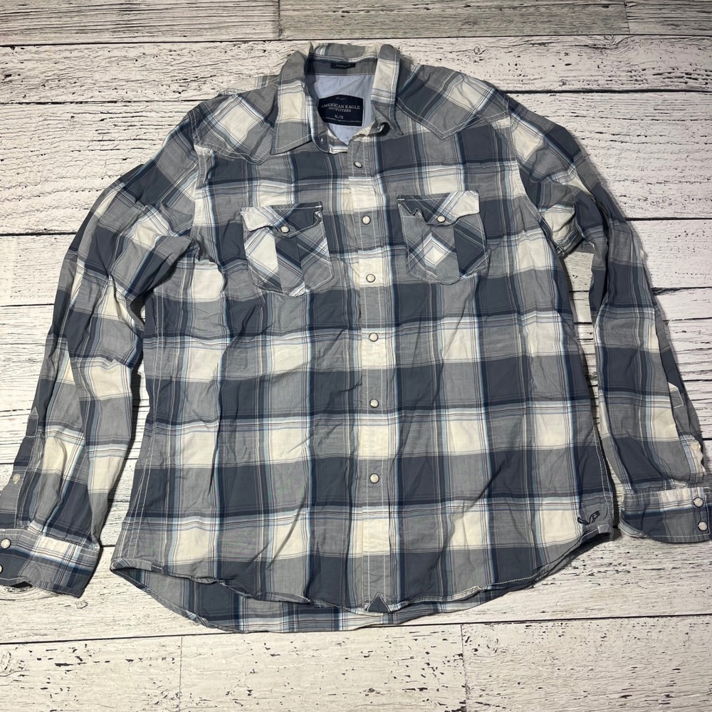 American Eagle Outfitters Men XL Gray Plaid Pearl Snap Western Shirt Vintage Fit